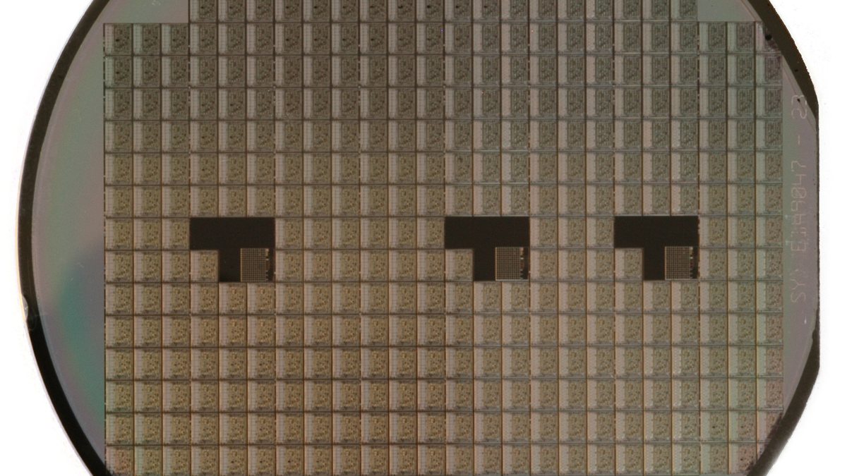 Photograph of a silicon wafer used in semiconductor packaging
